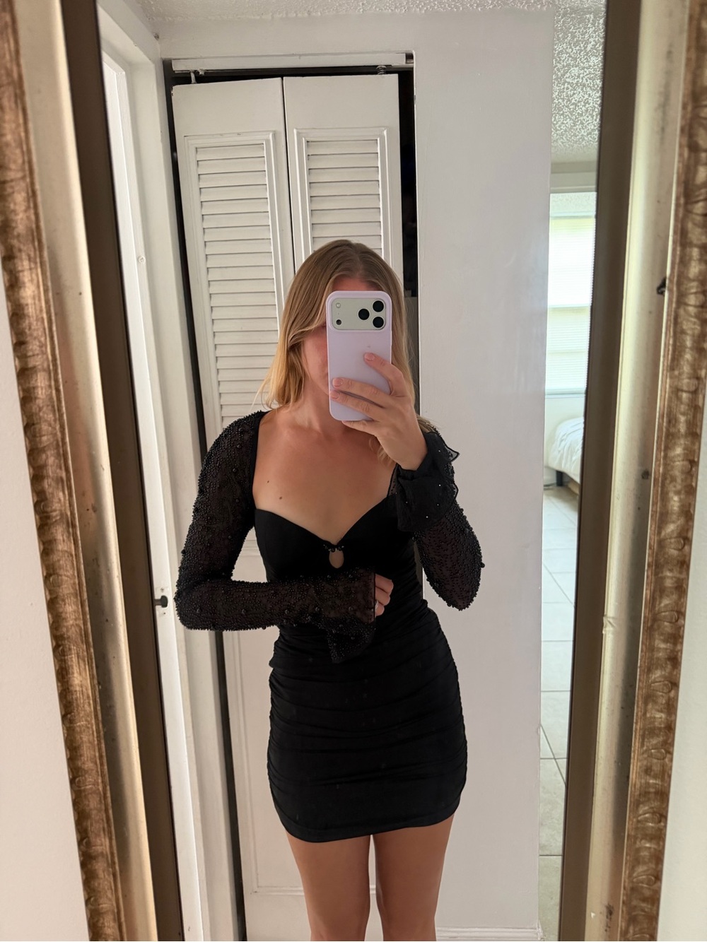 Oh Polly Black Sheer-Sleeve Sweetheart Mini Dress - Picture 2 of 5